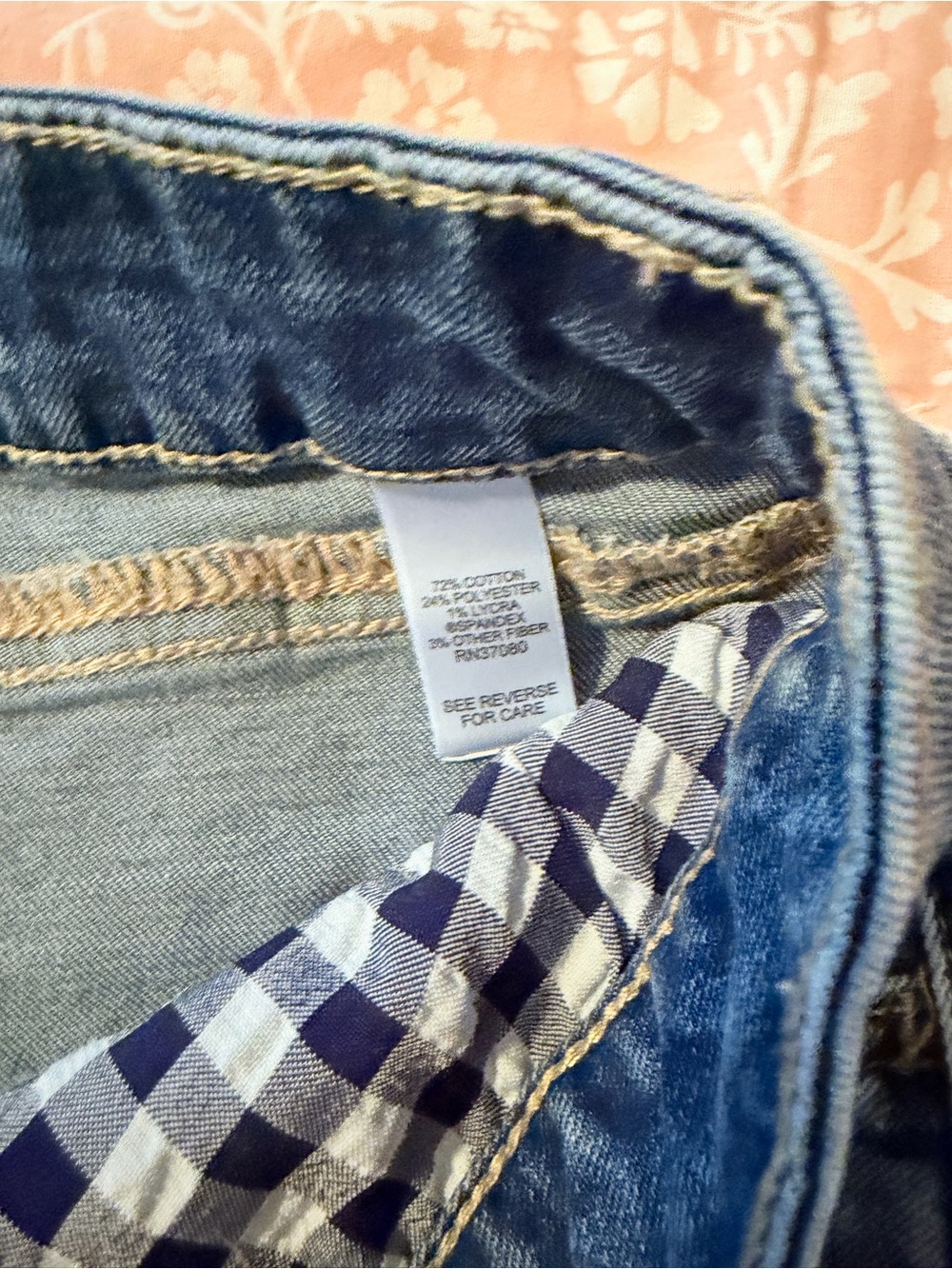 Cato Light Blue Distressed Denim Shorts with Gingham Trim - Picture 3 of 5